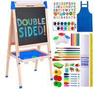 Caballete de arte de calamar azul para niños, incluye accesorios Caballete de pintura de madera ajustable de doble cara con pizarra magnética, pizarra blanca y rollo de papel para niños de 3,4,5,6,7,