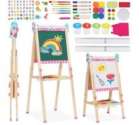 Caballete Infantil 3 en 1 Pizarra de Dibujo de Doble Cara de Madera Plegable con Rollo de Papel, Pizarra Blanca y Pizarra Caballete de Arte de Altura Ajustable 95-125cm Todo en Uno con 100+ Accesorios