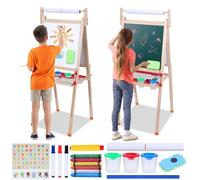 Caballete infantil con rollo de papel, caballete artístico de madera de doble cara para niños, pizarra blanca y pizarra, caballetes ajustables de pie para niños y niñas con accesorios, regalo de