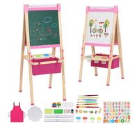 Caballete para Niños 3en1 con Rollo de Papel, Juego de Almacenamiento y Dibujo Pizarra de Doble Cara con Altura Ajustable Caballete Pintura niños Tablero de Dibujo para Niños a Partir de 4 Años (Rosa)
