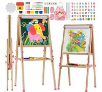 Caballete Pintura niños,Pizarra de Dibujo de Doble Cara de Madera Plegable,Caballete de Arte de Altura Ajustable con Pergaminos y Otros Accesorios para Niños y Niñas,Rosa