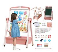 Caballetes para Niños 3 en 1 Pizarra Caballete Pintura Infantil de Doble Cara Plegable con Papel en Rollo Altura Ajustable Giratoria 360°, Pizarra con Caja de Almacenamiento para niños y niñas