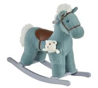 Caballito Balancín para Niños de +3 Meses Caballo Mecedora Felpa con Osito de Peluche Sonidos de Relincho y Galope Base de Madera 65x26x55 cm Azul