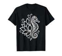 Caballito de mar Floral Medio Loto Tribal polinesio Caballo de mar Blanco Camiseta gráfica económica