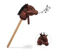 Relaxdays Caballito de Palo, Caballo Juguete con Sonido, Madera y Peluche, Relincha y Galopa, 1 Ud, 67 cm, Marrón, Color, estándar (10023851)