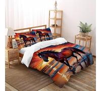 Caballo al Atardecer Juego De Funda para Edredón 3 Piezas 3D Impresa Animal Theme Wildlife con Cremallera Y Funda De Almohada Double(200x200cm) Microfibra Juego De Cama para