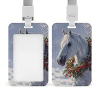 Caballo blanco con bayas rojas de acebo de invierno, soporte para tarjetas de identificación, clip retráctil, protector de tarjetas, placa de nombre, etiqueta de nombre para trabajo, oficina, médico