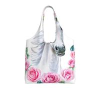 Caballo blanco con flores rosas,Bolsas de mano reutilizables, bolsas de supermercado, bolso de hombro de lona de gran capacidad
