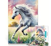 Caballo Blanco Corriendo por el Campo Rompecabezas de 1000 Piezas para Adultos Juguete Que desafía la Mente Corte preciso alineación Actividad Divertida para Toda la Familia (38x52cm)