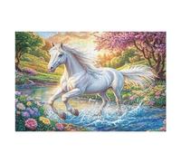 Caballo Blanco cruzando el Arroyo de Flores Puzzle 1000 Piezas Relajante Premium Rompecabezas para Hombres Y Mujeres Estera Portátil 3D Decoración Hogar Duradera 1000 PCS