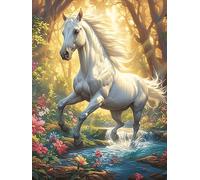 Caballo Blanco galopando en Prado floreciente Puzzle 500 Piezas Familiar Pasatiempo Planta Silvestre Rompecabezas 3D para Familia Juguete Educativo Construir Maquetas Aliviar Estrés 500 PCS