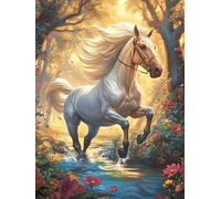 Caballo blanco galopando en prado floreciente Puzzles 300 Piezas DIY Creativo Animal salvaje mascota Cute Rompecabezas Familiar Para Toda La Familia Juguete Educativo Aliviar Estrés Decorativo 300 PCS