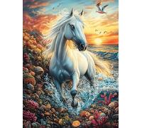 Caballo blanco galopando entre las olas Rompecabezas 500 Piezas Cartón Para Principiantes Dibujo Animado de Paisajes de Cuento de Hadas Días Lluviosos Alivio Estrés Tiempo Libre En Casa Garantía Repos