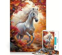 Caballo Blanco Salvaje en otoño Rompecabezas para Adultos de 1000 Piezas Juego de concentración Mental Manualidad de Corte de Alta precisión Actividad para Fortalecer los Lazos Familiares y Amigos