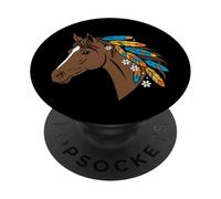 Caballo Boho Spirit Marrón con Plumas Coloridas En Melena PopSockets PopGrip Adhesivo