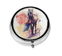 Caballo de acuarela. Este pequeño pastillero redondo impreso es un organizador portátil de píldoras y vitaminas, perfecto para bolsillos, bolsos y viajes.