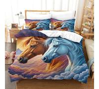 Caballo Edredón Impreso En 3D con Funda De Almohada Sol Dorado y Azul Hielo Juego De 3 Piezas De Ropa De Cama con Cremallera Oculta Microfibra Muy Suave Single（140x200cm）