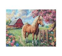 Caballo Junto a la Cerca con Flores en Flor Puzzles 500 Piezas Maquetas 3D Educativas Profesionales Tiempo Feliz Rompecabezas para Familia Construir DIY Moderno Aliviar Estrés Decoración 500 PCS
