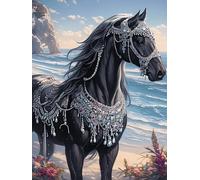 Caballo Negro con Joyas on The Beach Puzzle 300 Piezas Cartón Resistente Para Niños Mayores 14 Años Mascota de Vida Silvestre Estimulación Cerebral Reunión Familiar Juegos Pieza Decorativa Casa 300 PC