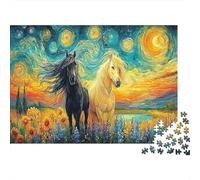 Caballo Negro Galopando Fuego Agua Rompecabezas 1000 Piezas Caballos Campo Girasoles Noche Estrellada Estético Desafiante Decoración Hogar Regalo Familiares/Parejas Entretenimiento
