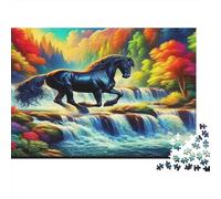 Caballo Negro Puzzle de 1000 Piezas Puzzle para Adultos Papel Cascada Bosque Juego de Puzzle 1000 Piezas Relajación Decoración Regalo 38x26cm/1000pcs