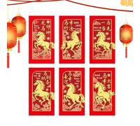 Caballo Red Envelope - 6 piezas 2026 Cute Horse Patterns Festival Money Pocket, Chinese New Year Hong Bao, Lunar Packets, Spring Festival Supplies, Red & Gold Embossed Cardstock