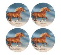 Caballo Rojo Corriendo,Posavasos Redondos de Corcho MDF, Almohadilla para Tazas, Juego de 4 Posavasos para Bebidas