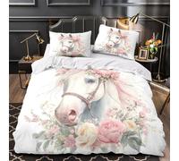 Caballo rosa floral Funda de Edredón 3 Piezas Microfibra Suave Impresión 3D Cremallera Oculta con Fundas de Almohada Transpirable Acuarela artística Funda Edredon for familia Single（135x200cm）
