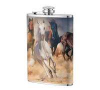 Caballo salvaje corriendo contra una tormenta de arena,Frasco de acero inoxidable 304 de 8 oz con funda de cuero sintético, frasco de bolsillo para licor plano para exteriores