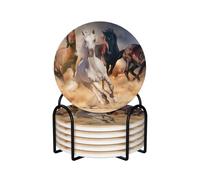 Caballo Salvaje Corriendo contra una tormenta de Arena,Posavasos Redondos de cerámica, Almohadilla para Tazas, Juego de 6 Posavasos para Bebidas