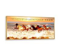 Caballos corriendo Arte de pared en lienzo Pintura de paisaje chino Impresiones murales Ilustraciones grandes inspiradoras Póster para Decor del hogar de la sala de estar 60x145cm con marco dorado