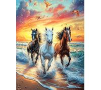 Caballos corriendo en playa al atardecer Puzzles 1000 Piezas Obra De Arte Decorativa Paisaje de cuento de hadas en caricatura Rompecabezas Familiar Para Adultos DIY Creativo Aliviar Estrés Portátil 10