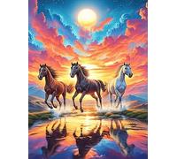 Caballos Corriendo en un Atardecer Mágico Rompecabezas 300 Piezas Cartón para Adultos Mascota de Vida Silvestre Estimulación Cognitiva Mejora Coordinación Ojo-Mano Actividad Compartir Familia 300 PCS