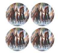 Caballos de los Indios nativos Americanos,Posavasos Redondos de Corcho MDF, Almohadilla para Tazas, Juego de 4 Posavasos para Bebidas