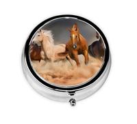 Caballos marrones al galope en el desierto impresos, Pastillero, Pastillero redondo Pequeño contenedor de pastillas Organizador de pastillas de viaje