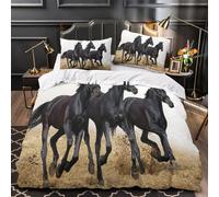 Caballos negros al galope 3D Impresión Edredón funda 3pz Microfibra antidesvanecimiento Movimiento de animales salvajes Funda de edredón 2 fundas fácil cuidado Parejas Familia King（220x240cm）