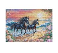 Caballos Negros Corriendo en la Playa de Conchas Puzzles 300 Piezas Obra De Arte Decorativa Rompecabezas Familiar para Adultos DIY Creativo Aliviar Estrés Portátil 300 PCS