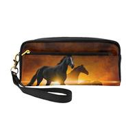 Caballos Negros Impresión De Nubes Rojas Brillantes, Bolsa de Maquillaje Bolsa de cosméticos Bolsa de Aseo de Viaje portátil Estuche de Cuero para Mujeres y niñas