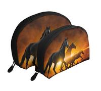 Caballos Negros Impresión De Nubes Rojas Brillantes, Bolsa de Maquillaje de Concha, Monedero pequeño para Mujer, Bolsa de artículos de tocador, Bolsa de cosméticos, 2 Piezas