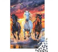 Caballos Salvajes Corriendo Puzzle de 1000 Piezas Papel para Adultos Atardecer en la Playa Puzzle para Adultos Relajación Interacción Decoración Regalo 52x38cm/1000pcs