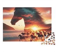 Caballos Salvajes Corriendo Puzzle de 1000 Piezas para Adultos Papel Puzzle para Toda la Familia Paisaje de Playa al Atardecer Relajación Decoración Hogar 52x38cm/1000pcs