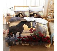 Caballos y Rosas Rojas Edredón Impreso En 3D con Funda De Almohada Puesta del Sol Junto al mar 3 Piezas De Ropa De Cama con Cremallera Microfibra Suave para Adolescentes Double（200x200cm）