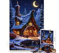 Cabaña de Invierno caprichosa bajo la Luna Creciente Rompecabezas para Adolescentes de 1000 Piezas Desarrolla la Inteligencia y la Habilidad Escapada Tranquila Navidad 50x75cm