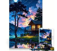 Cabaña Junto al Lago de Noche Rompecabezas de 1000 Piezas para Adolescentes Ejercicio cognitivo Actividad de Ocio Sin Bordes ásperos Regalo de Temporada (50x75cm)