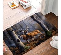 Cabaña Rústica En El Bosque con Ciervos, Alces Y Abedules. Ideal para Cazar Y Acampar En Una Granja De Estilo Vintage. Alfombra Baño Alfombrilla De Baño Lavable Felpudos para 40X60Cm