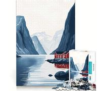 Cabañas Rojas en Fiordo Rompecabezas Difícil para Adultos 1000 Piezas Rompecabezas Mental Relajante Arte de Ensamblaje (50x75cm)