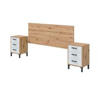 Miroytengo Cabecero + 2 Mesitas 3 Cajones Cabezal y Mesitas Moderno en Blanco Artik y Roble Nodi 240x101x33 cm