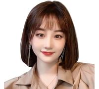 Cabello Artificial, Peluca corta de pelo humano con flequillo, pelucas de pelo liso, pelucas sintéticas calientes con flequillo, moda clásica esponjosa para mujeres y niñas