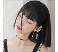 Cabello Falso Peluca Peluca de Bob negro, Pelucas de Bob rectas negras cortas con flequillo para mujeres, Peluca sintética linda Pelucas sintéticas naturales para uso diario Wig Natural