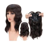Cabello Humano para Mujeres Postizo de pelo sintético invisible sin costuras, ondulado, con flequillo, clip for la parte superior, cubierta de repuesto invisible, cabello blanco de 14"(Dack Brown)